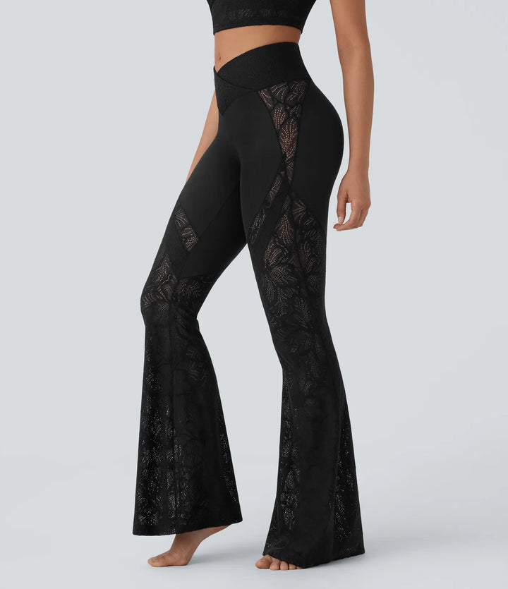 Softlyzero High Waisted Crossover Back Pocket Contrast Lace Flared Yoga Leggings