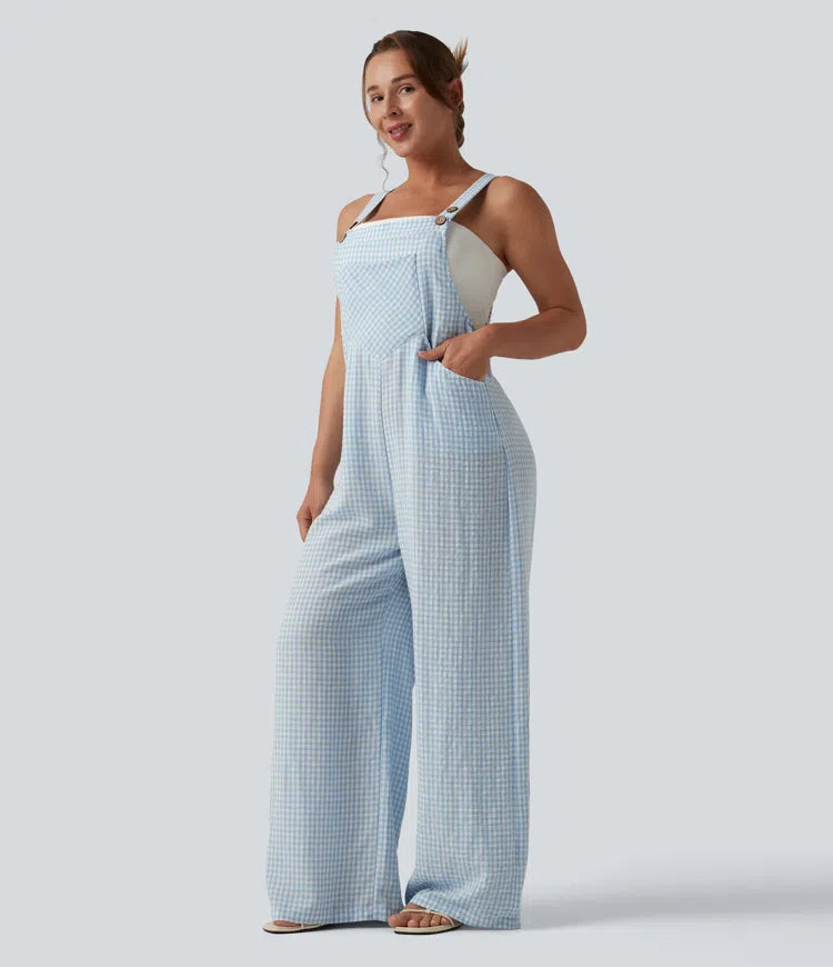 Plaid Casual Linen-Feel Dungarees with Pockets