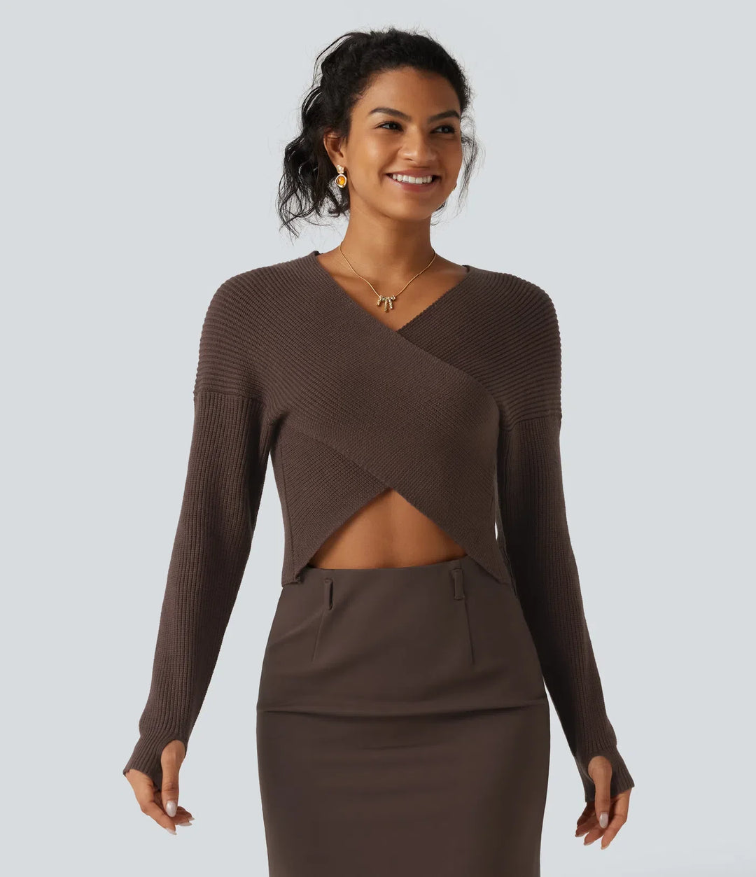 V Neck Crossover Batwing Long Sleeve Thumb Hole Casual Jumper