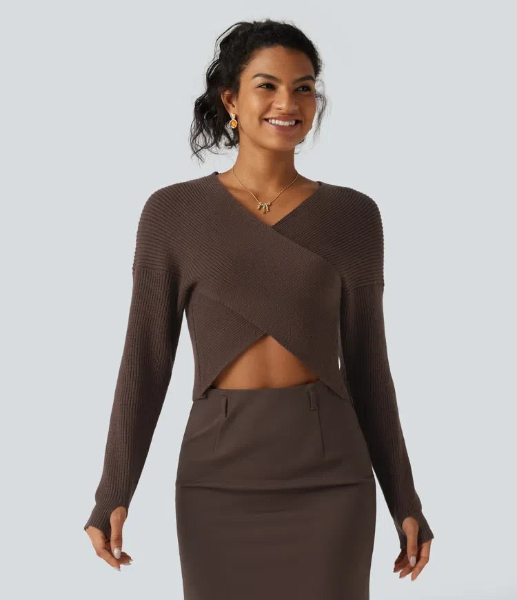 V Neck Crossover Batwing Long Sleeve Thumb Hole Casual Jumper