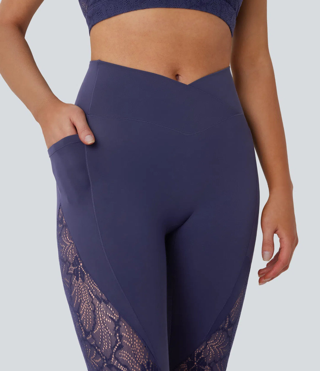 SoftlyZero High Waisted Crossover Pocket Contrast Lace 7/8 Yoga Leggings