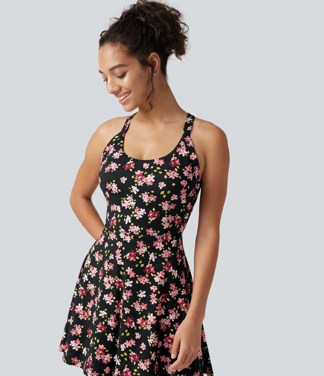 Built-in Bra 2-in-1 Ditsy Floral Mini Dance Active Dress with Pockets-Easy Peezy Edition