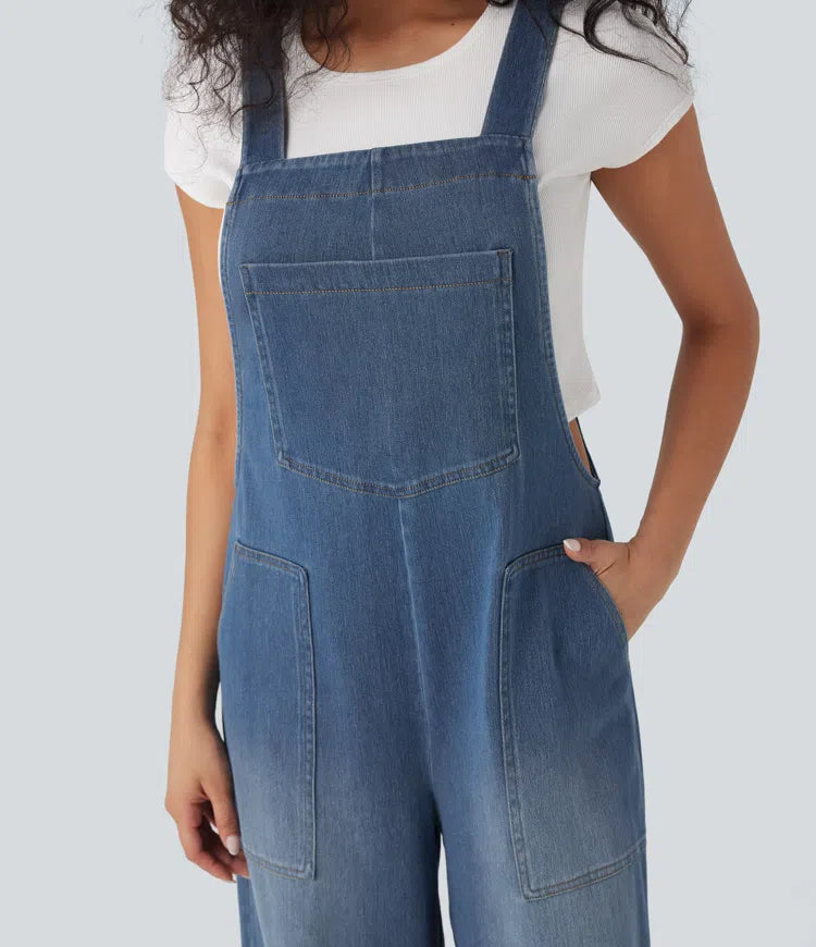 Halara Flex Square Neck Washed Denim Casual Dungarees with Pockets