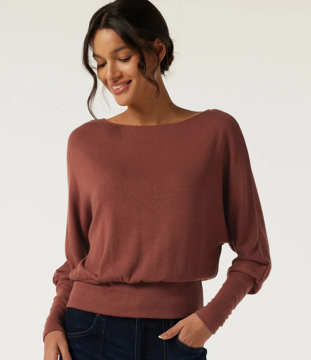 Boat Neck Batwing Long Sleeve Keyhole Back Casual Top