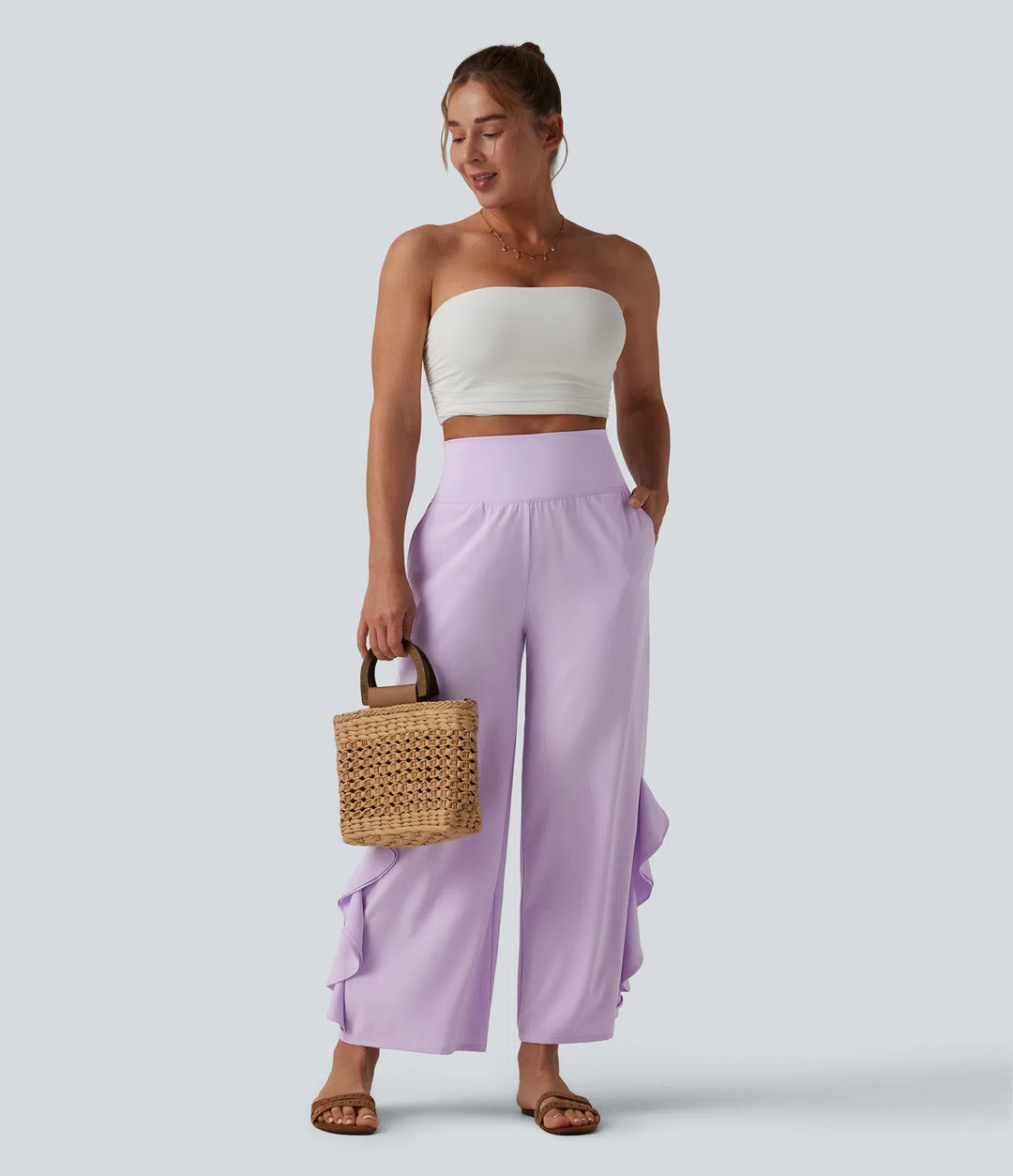 Breezeful High Waisted Ruffle Wide Leg Quick Dry Trousers with Pockets
