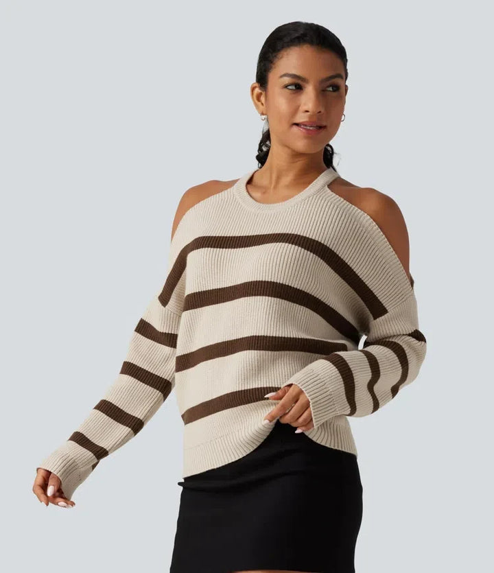Round Neck Cold Shoulder Long Sleeve Stripe Work Jumper