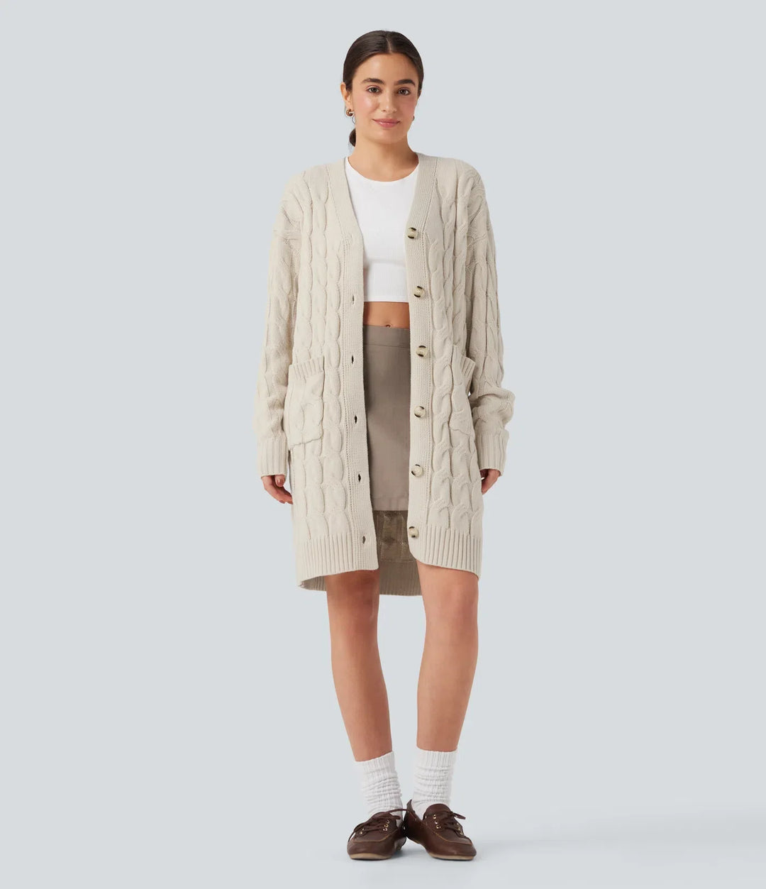 V Neck Long Sleeve Longline Casual Cardigan with Pockets