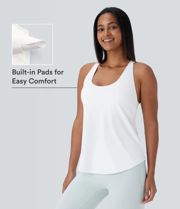 U Neck Built-in Bra Curved Hem Cool Touch Yoga Tank Top-UPF50+