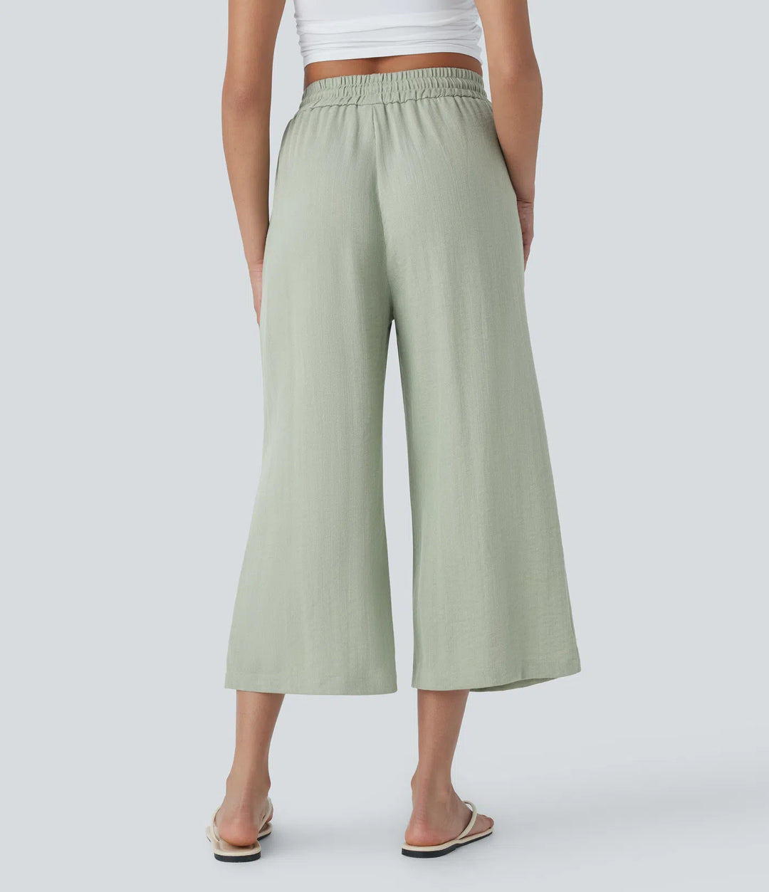 High Waisted Drawstring Wide Leg Cropped Casual Linen-Feel Trousers with Pockets