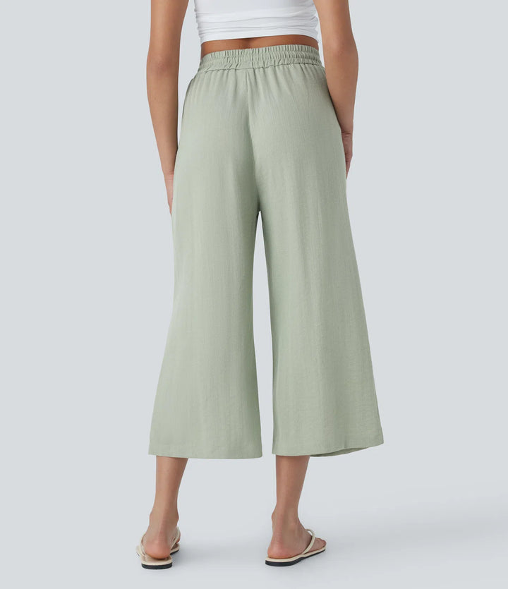 High Waisted Drawstring Wide Leg Cropped Casual Linen-Feel Trousers with Pockets