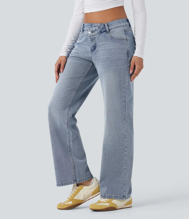 Halara Flex Asymmetric Low Rise Straight Leg Casual Jeans with Pockets