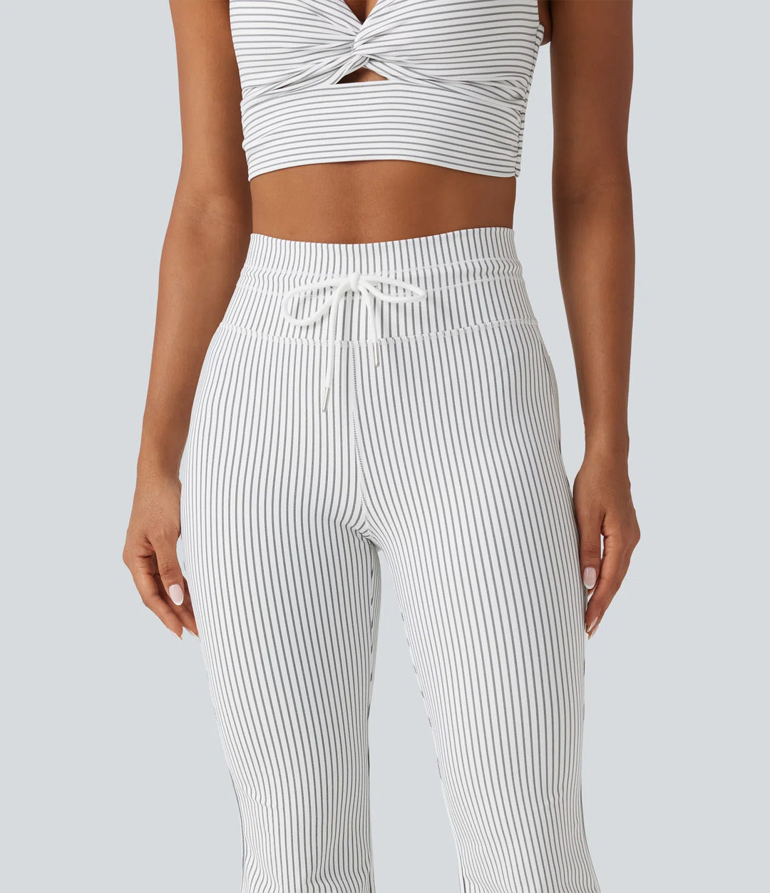 High Waisted Drawstring Stripe Flare Yoga Trousers with Pockets