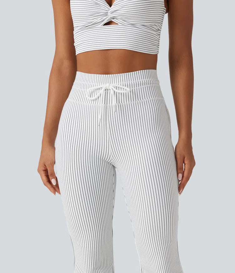 High Waisted Drawstring Stripe Flare Yoga Trousers with Pockets