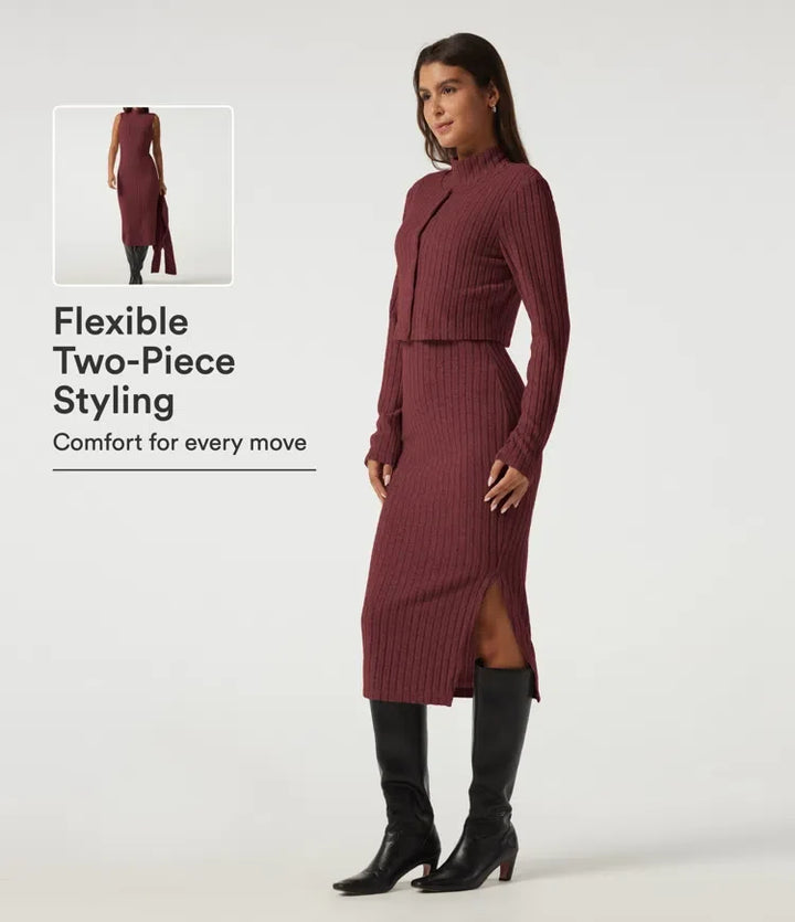 Mock Neck Long Sleeve 2 Piece Bodycon Work Midi Dress