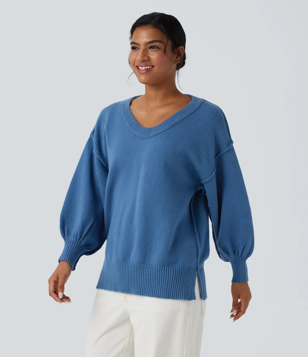 V Neck Dropped Shoulder Long Sleeve Split Casual Jumper