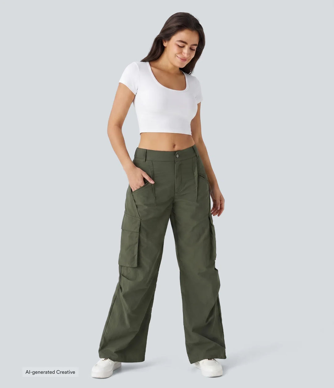 Mid Rise Button Zipper Side Pocket Wide Leg Baggy Casual Cargo Trousers