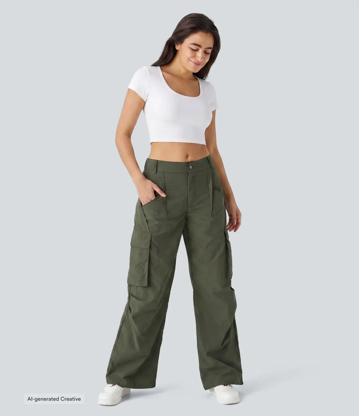 Mid Rise Button Zipper Side Pocket Wide Leg Baggy Casual Cargo Trousers