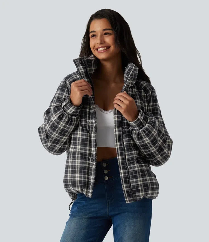 Stand Collar Long Sleeve Plaid Casual Padded Jacket with Pockets
