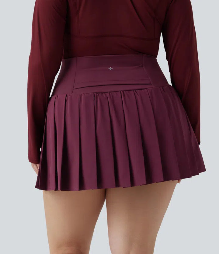 Plus Size Breezeful High Waisted Pleated 2-in-1 Asymmetric Hem Quick Dry Mini Yoga Skirt with Pockets