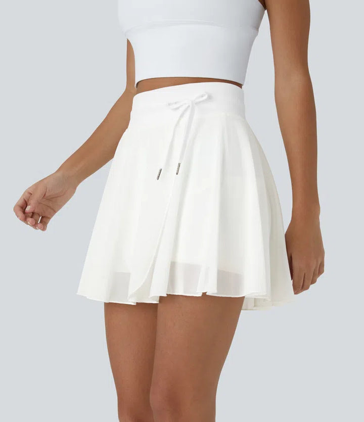 High Waisted Drawstring Contrast Mesh 2-in-1 Pocket Flowy Mini Flare Casual Skirt