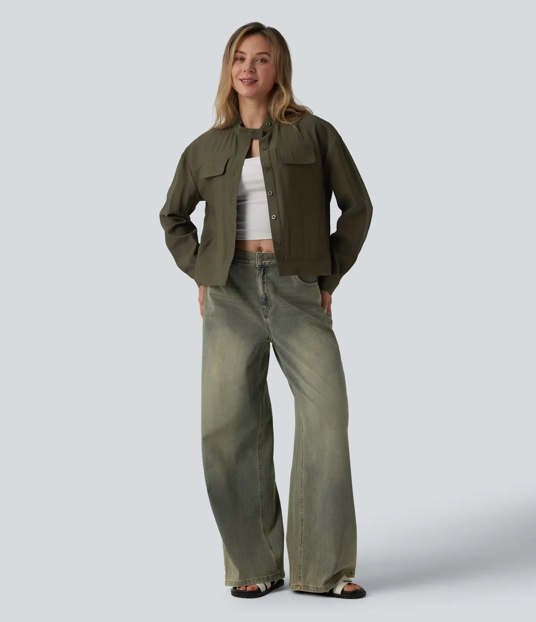 Stand Collar Long Sleeve Casual Cargo Jacket with Pockets