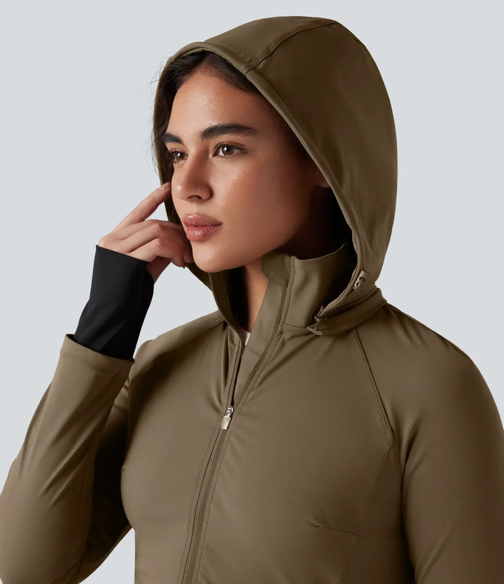Removable Hood Thumb Holes Drawstring 2-Way Zipper Hiking Jacket with Pockets
