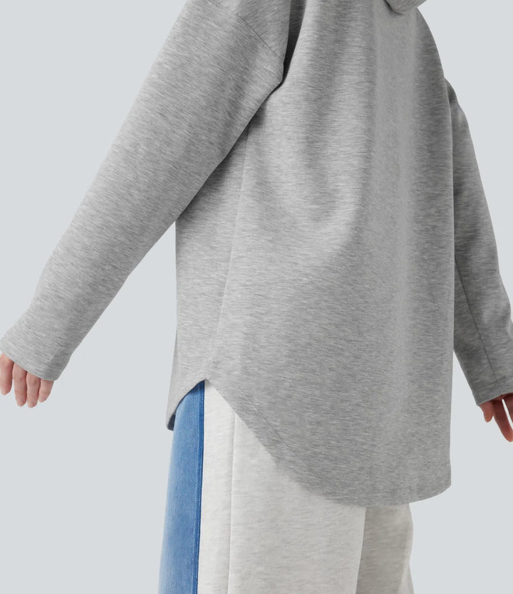 Hooded Drawstring Long Sleeve Curved Hem Casual Sweatshirt with Pocket