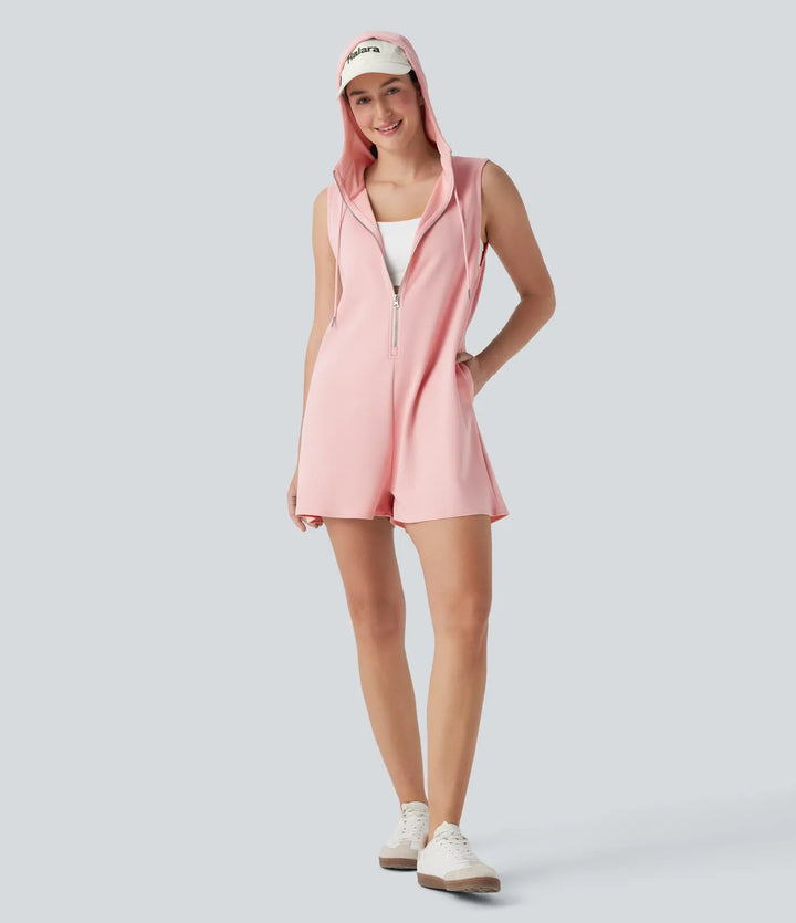 Hooded Sleeveless Zipper Casual Jumpsuit with Pockets