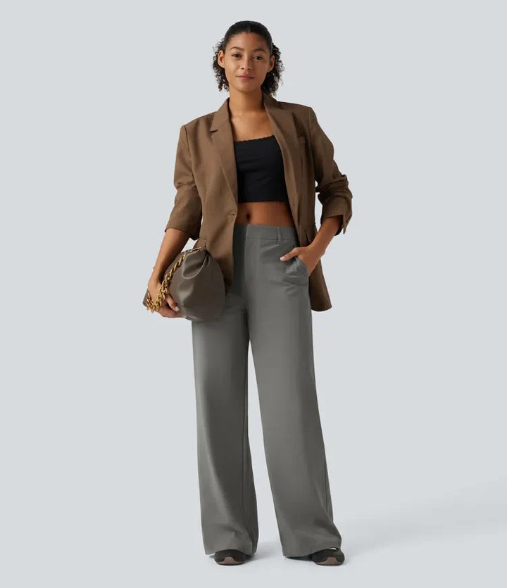 Wrinkle Recovery Mid Rise Straight Leg Work Trousers with Pockets