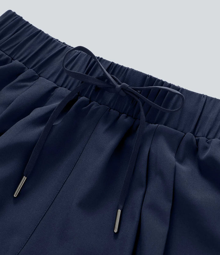 High Waisted Elastic Waistband Drawstring Pleated Yoga Shorts 3" with Pockets