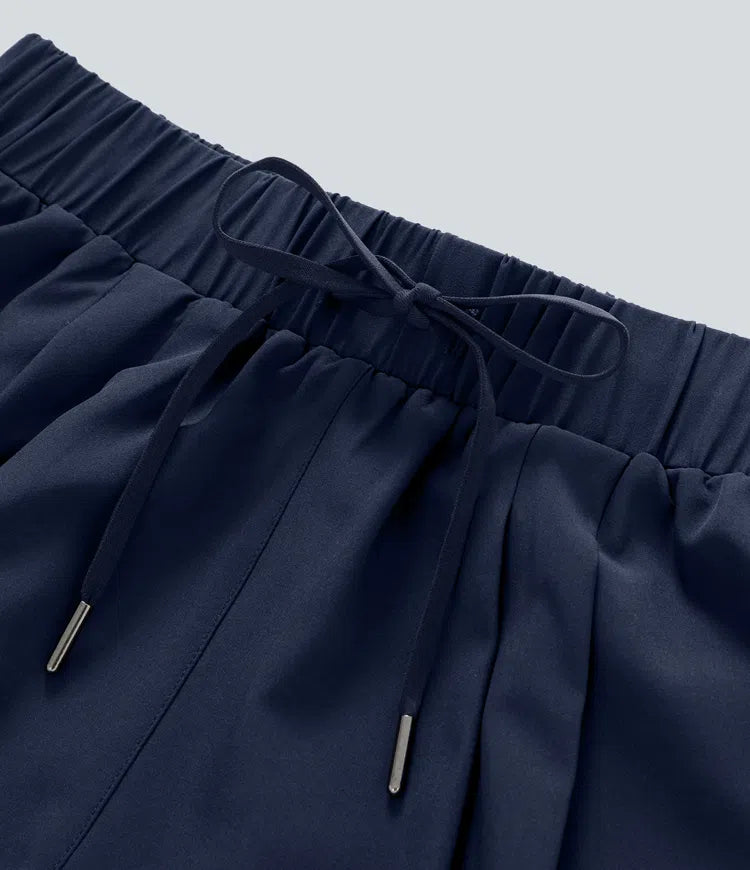 High Waisted Elastic Waistband Drawstring Pleated Yoga Shorts 3" with Pockets