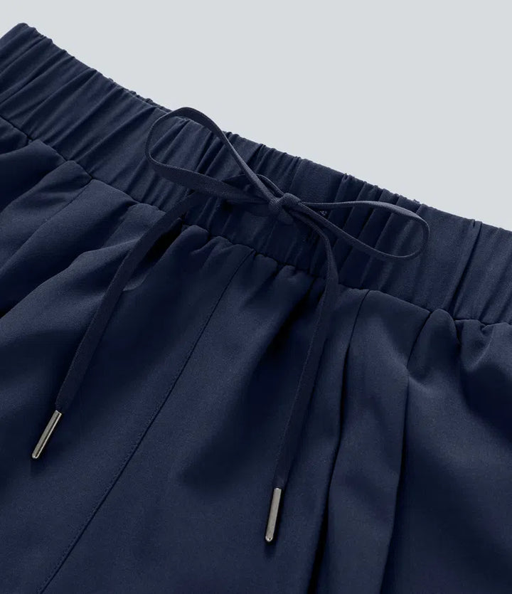 High Waisted Elastic Waistband Drawstring Pleated Yoga Shorts 3" with Pockets