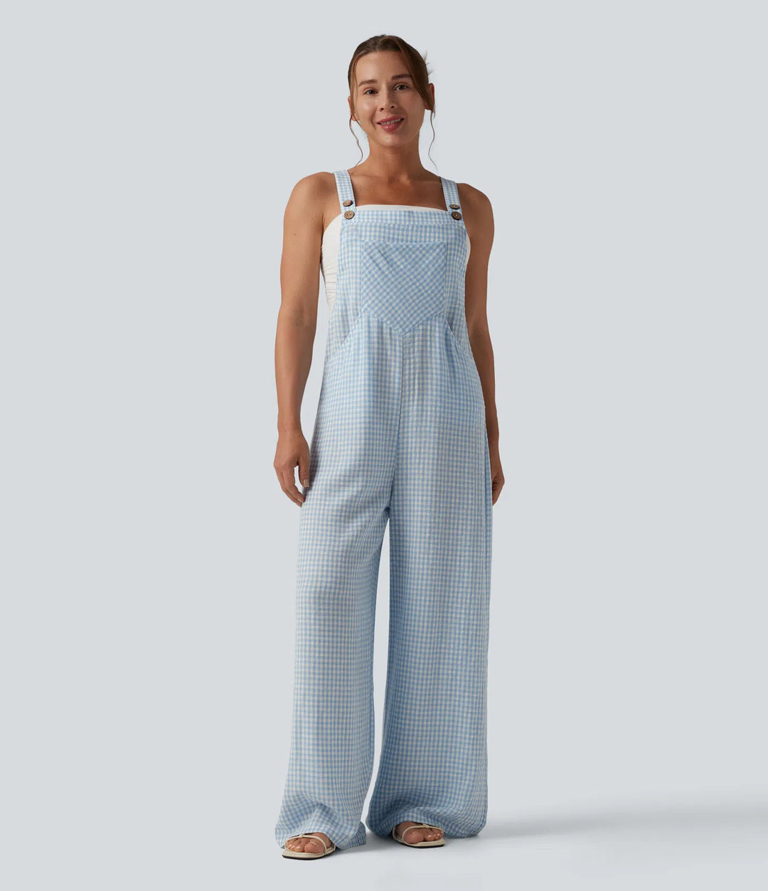 Plaid Casual Linen-Feel Dungarees with Pockets