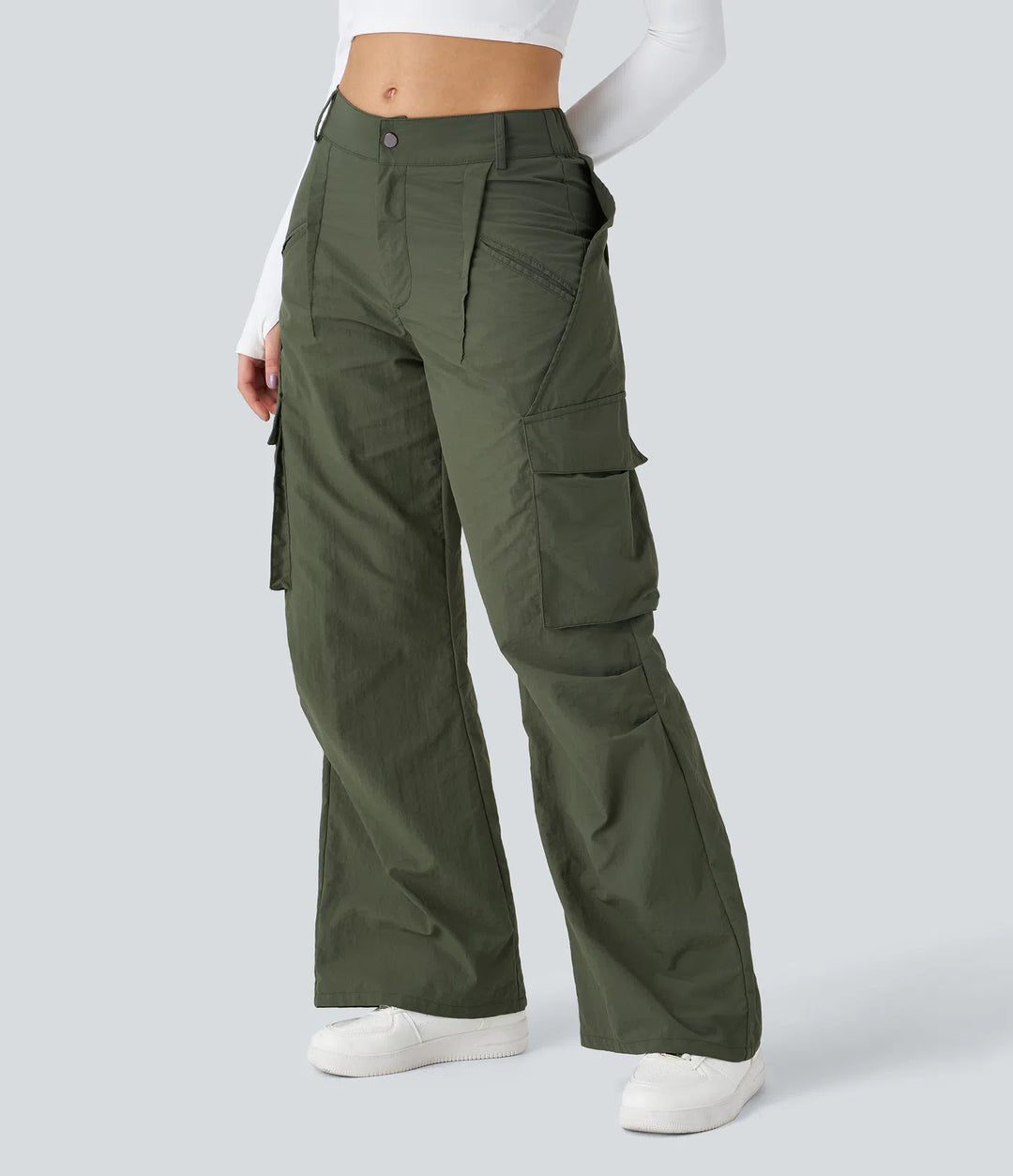 Mid Rise Button Zipper Side Pocket Wide Leg Casual Cargo trousers
