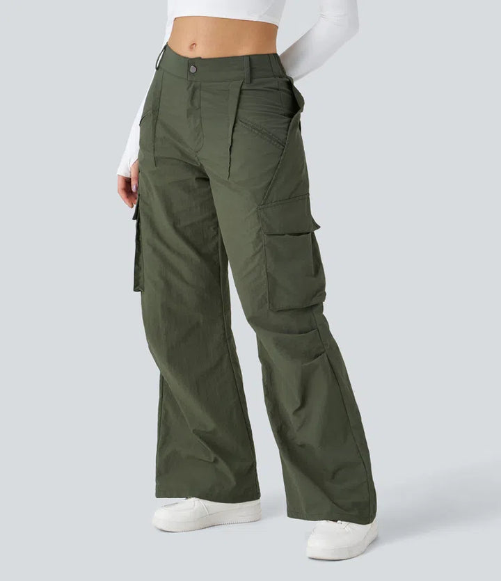 Mid Rise Button Zipper Side Pocket Wide Leg Casual Cargo trousers