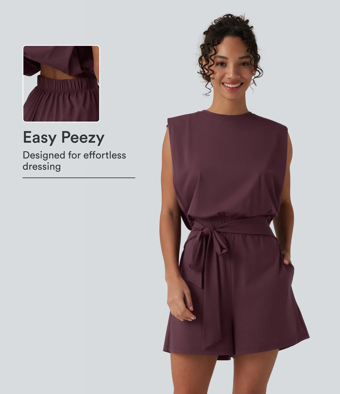 Round Neck Sleeveless Tie-front InstantCool Casual Playsuit with Pockets-Easy Peezy-UPF50+