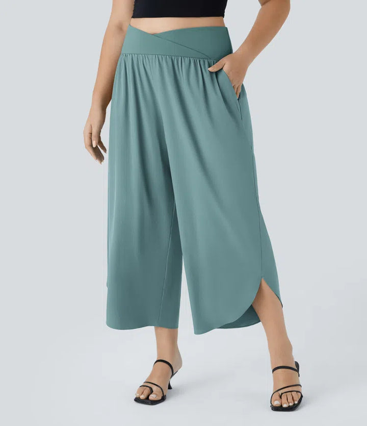 Breezeful High Waisted Crossover Side Pocket Split Quick Dry Resort Plus Size Trousers