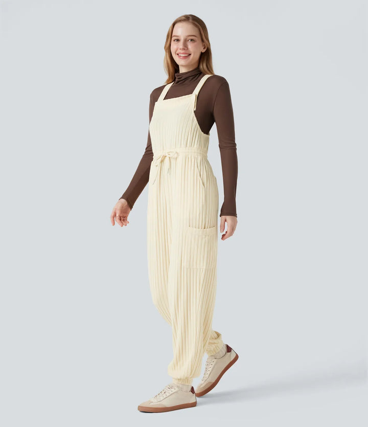 Ribbed Knit Adjustable Straps Drawstring Casual Overalls with Pockets