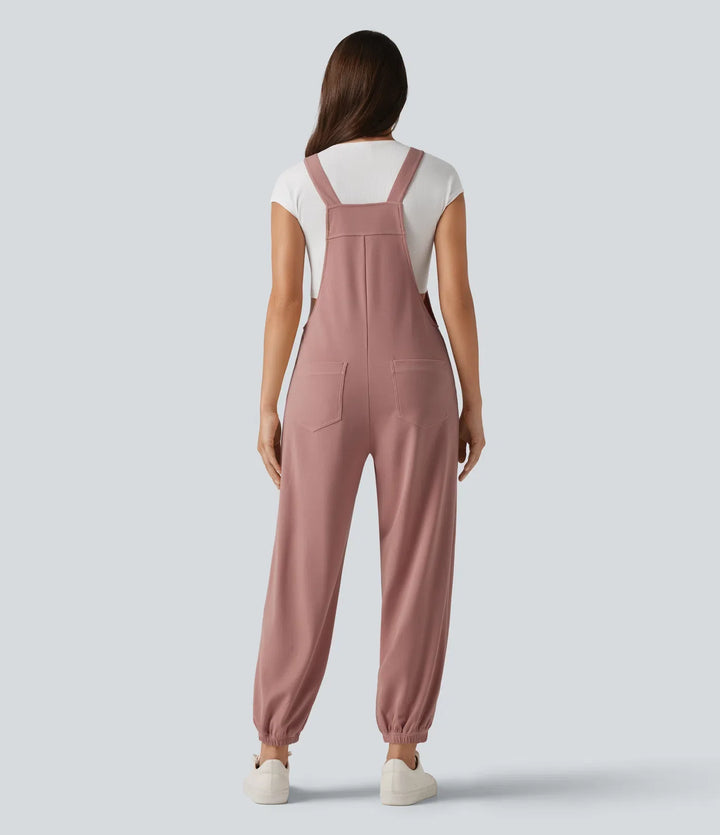 Square Neck Waffle Casual Tapered Overalls with Pockets