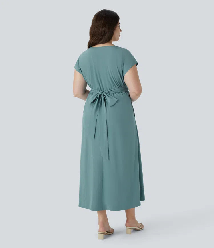 Breezeful V Neck Short Sleeve Side Pocket Tie Back Quick Dry Midi Casual Plus Size Dress