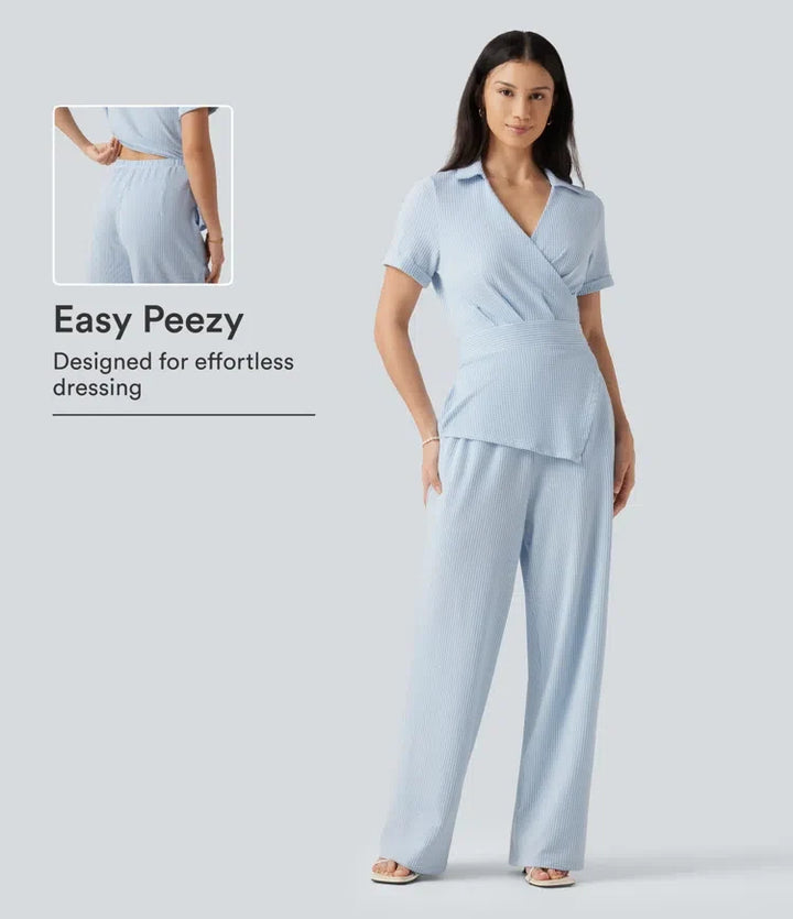 Short Sleeve Wrapped Tie Back Stripe Crinkle Cotton Casual Shirt Jumpsuit with Pockets-Easy Peezy Edition