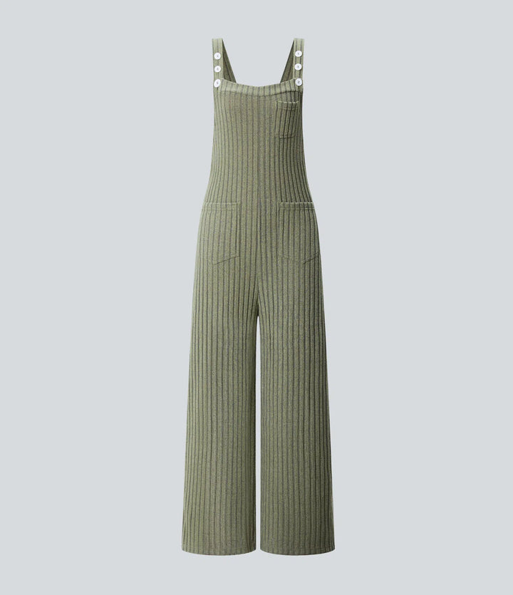 Ribbed Knit Pockets Fleece Casual Dungarees