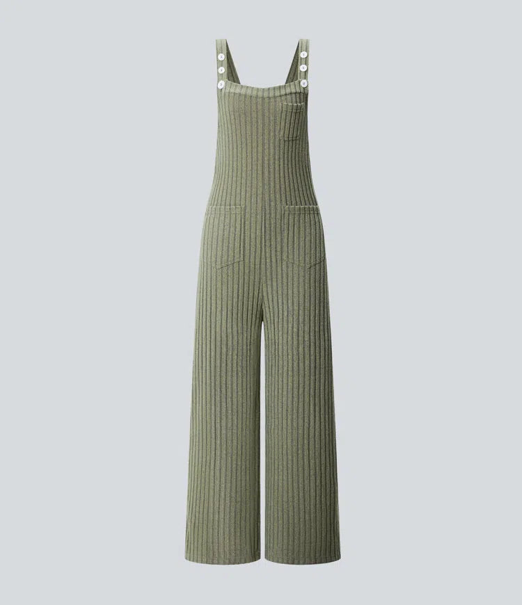 Ribbed Knit Pockets Fleece Casual Dungarees