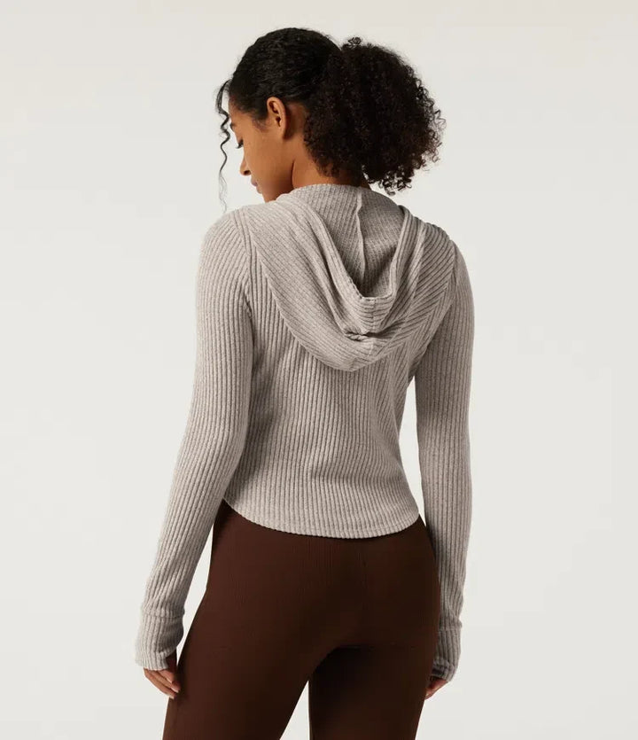 Ribbed Knit Hooded Long Sleeve Yoga Jacket with Pockets