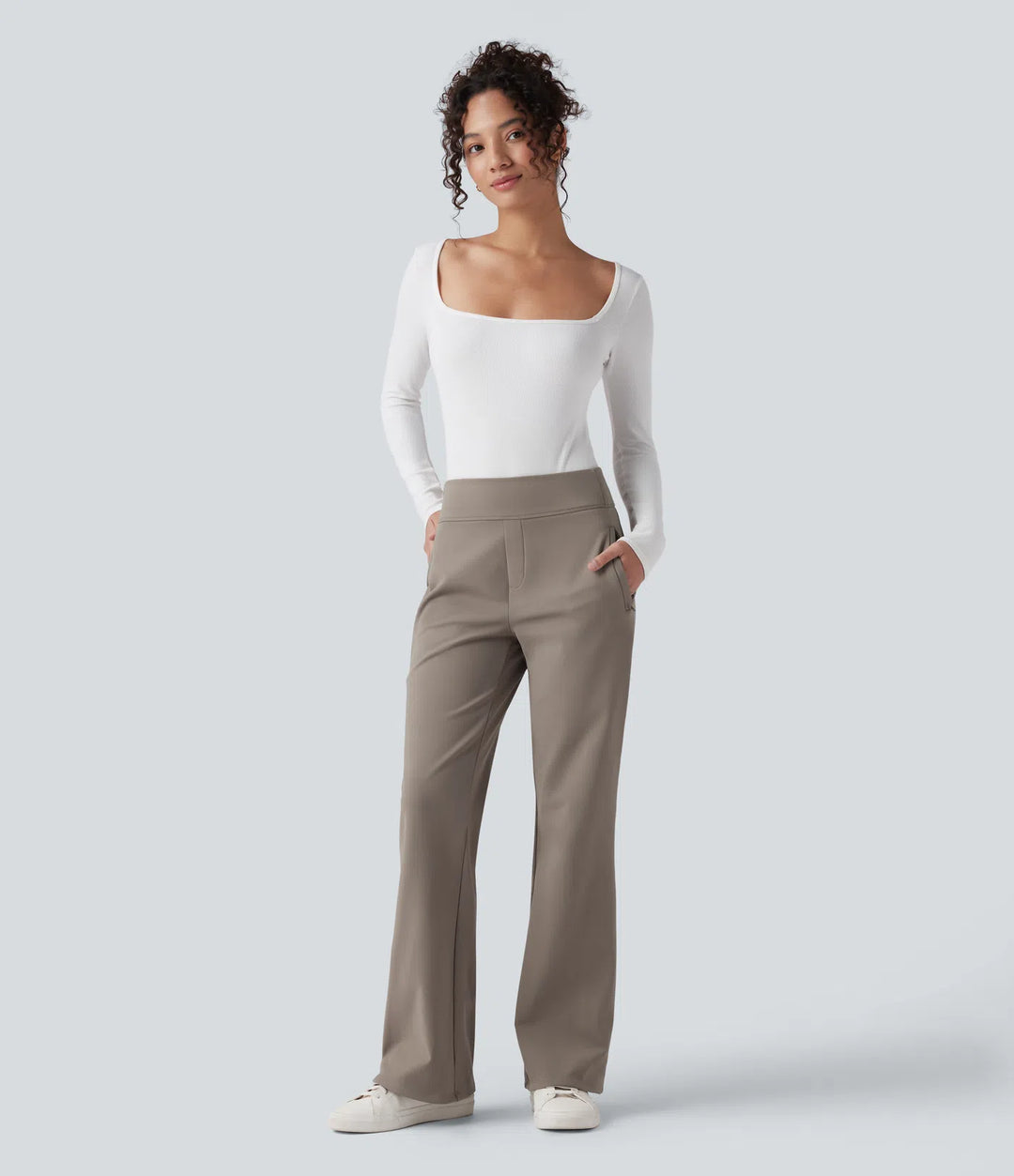 Mid Rise Fleece Work Flared Trousers with Zip Pockets