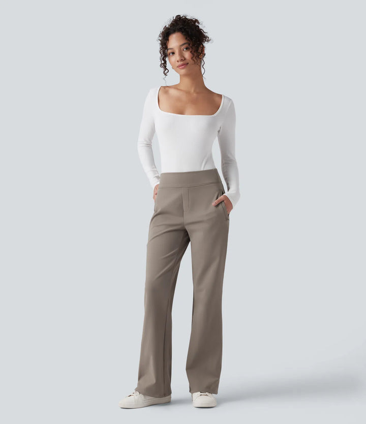 Mid Rise Fleece Work Flared Trousers with Zip Pockets