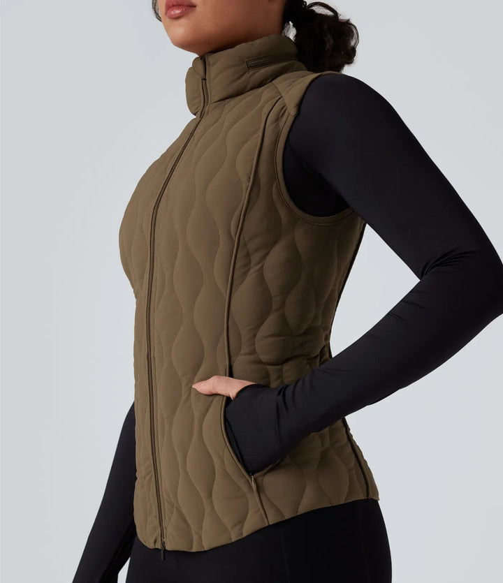 PuffFlex Packable High Neck Zipper Running Quilted Vest with Pockets