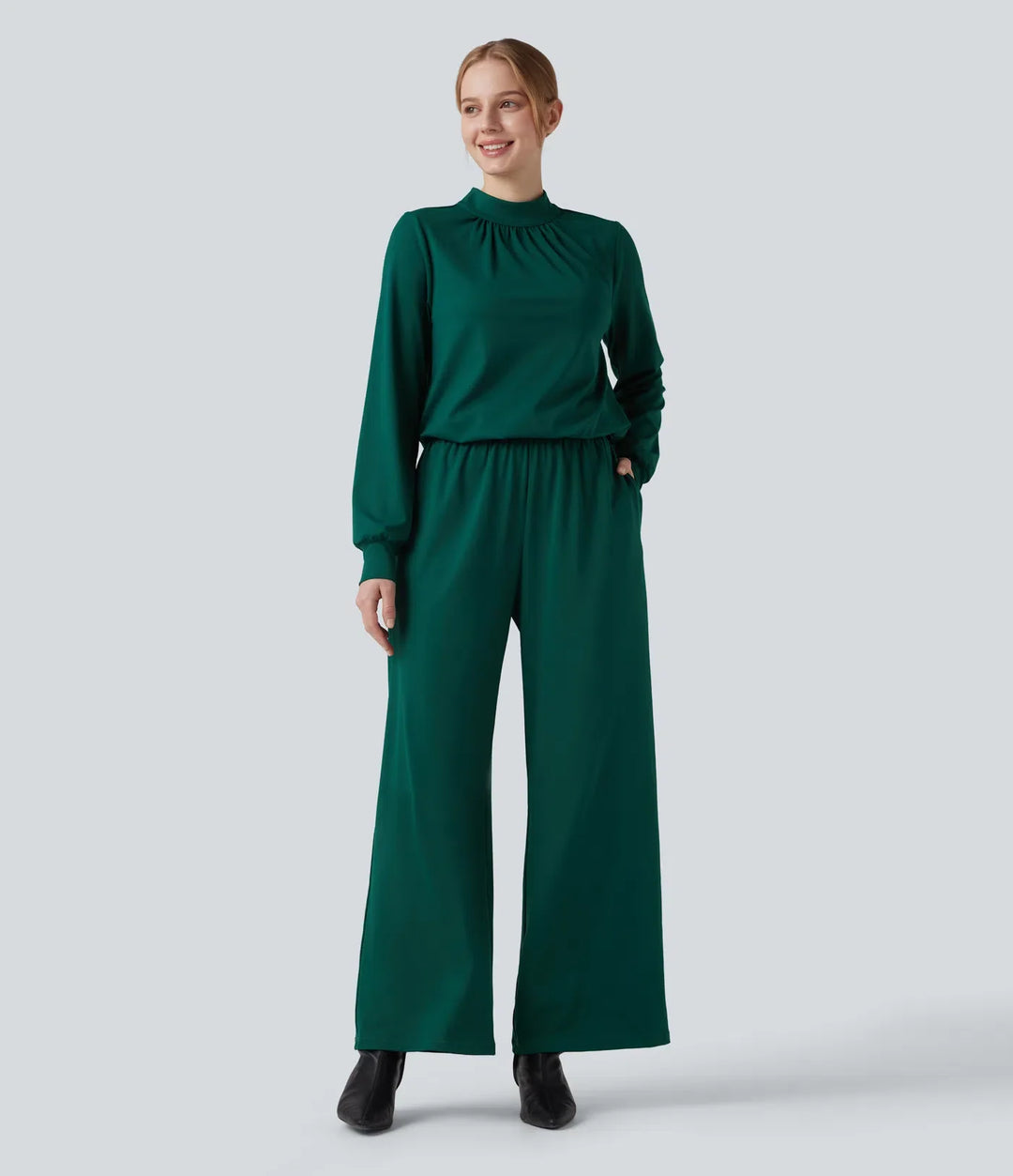 Mock Neck Keyhole Back Long Sleeve Wide Leg Work Jumpsuit with Pockets