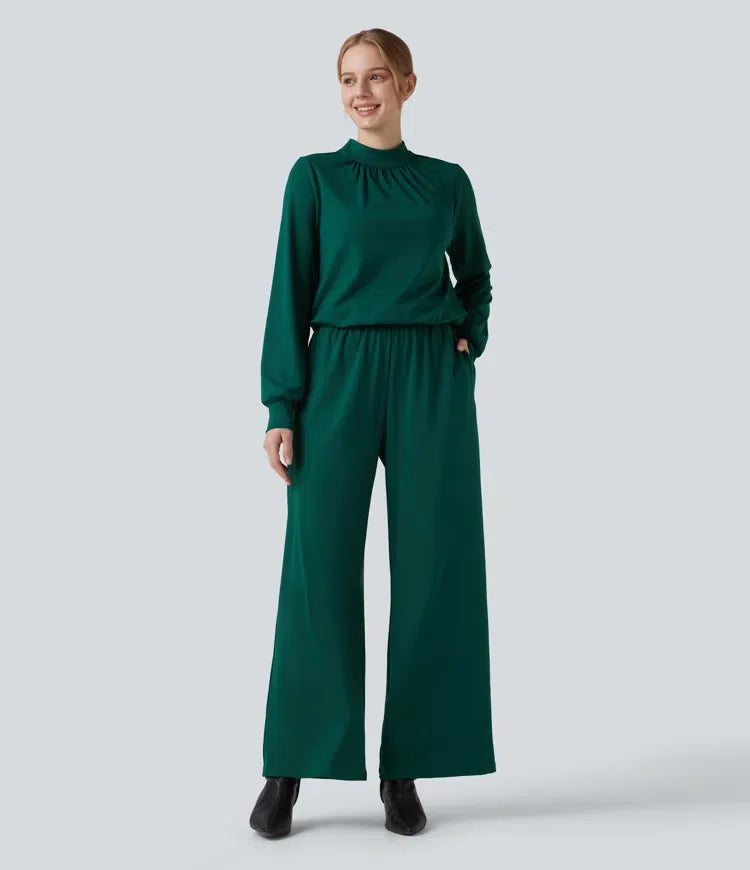 Mock Neck Keyhole Back Long Sleeve Wide Leg Work Jumpsuit with Pockets