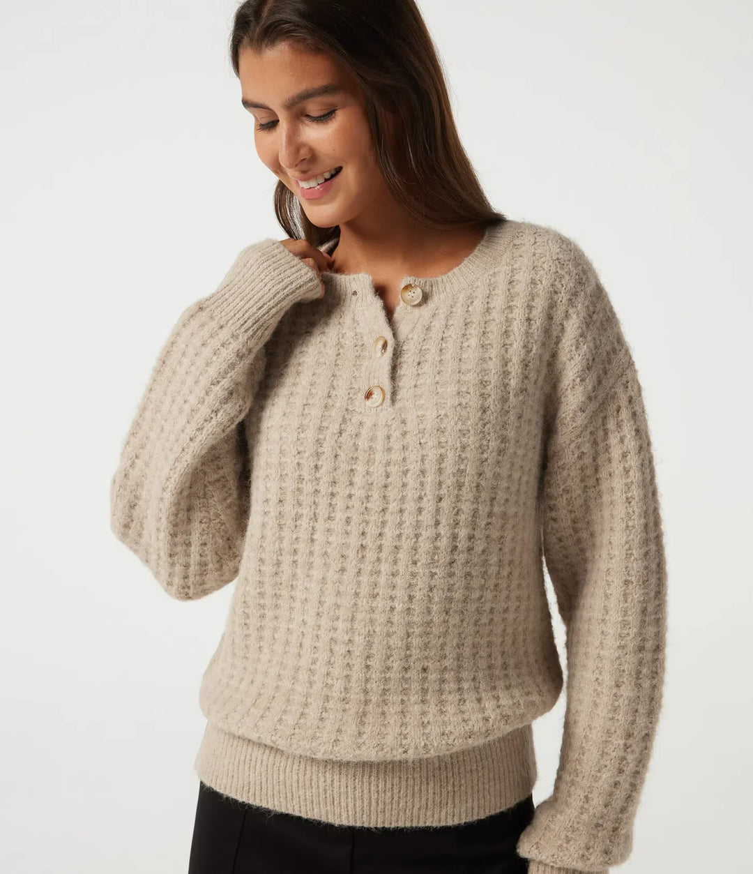 Henley Neck Drop Shoulder Long Sleeve Casual Jumper